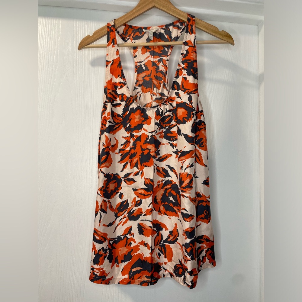 Joie Floral Silk Racerback Sleeveless Blouse in Pink, Orange, and Blue. Size M